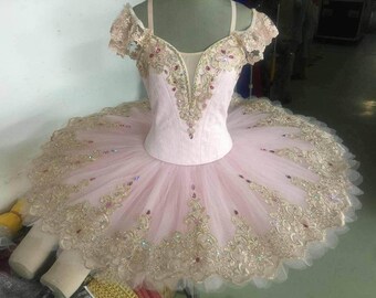 PK-005 Professional Pink Gold Lace Platter Ballet Tutu Aurora Fairy YAGP