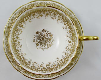 Coalport Tea Cup and Saucer with Gold Filigree, English Bone China