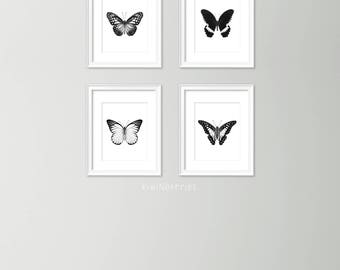 Butterfly print set - Monochrome decor - Minimalist home - Black and white wall art - Butterflies printable - Monochrome art prints
