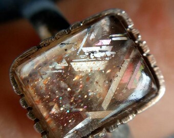 Rainbow Lattice Sunstone Silver Ring