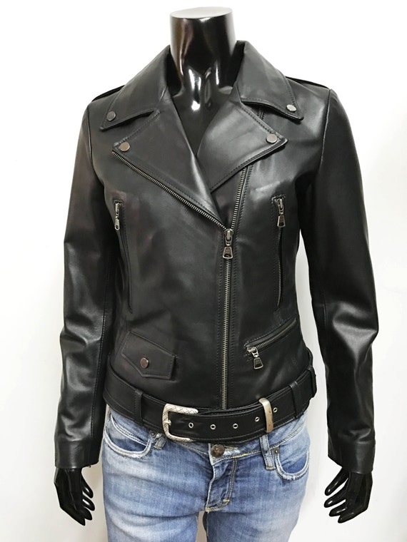 Italian handmade Women genuine leather biker jacket belted