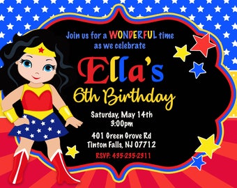 Wonder Woman Superhero Birthday Party Invitation, Wonder Woman, Birthday, Party Invitation, Superhero, ANY HAIR COLOR - Printable or Printed