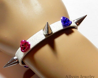 Spiked White Flower Bracelet, Pastel Goth, Faux Spike Leather Bracelet