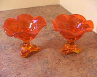 Pair of Vintage 1960s Viking Glass Epic Drape Tri-Foot Persimmon Candle Holders