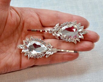 Set of 2 Beautiful Handmade Vintage Inspired Fancy Cut Crystal Rhinestone Hair Pins, Bridal, Wedding (Sparkle-2840)