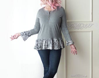 Upcycled henley tshirt w/ ruffle, long sleeve, gray floral print, Boho top, hippie shirt, size medium large, lace cutout, mismatched sleeves