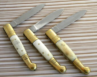 Handsome and Handy Antique Reproduction Style Folding Pocket Knife. Elegant Victorian Style Brass & Bone Handle with Stainless Steel Blade.