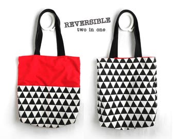 Canvas tote bag with pocket geometric shoulder bag beach bag weekender bag shopper bag slouchy bag gym bag book bag canvas bag black white