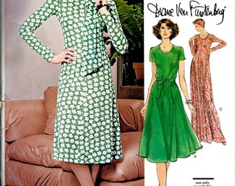 1970's DVF Vogue Sewing Pattern No. 1547 by Diane Von Furstenberg - Fitted and Flared Dress for Knits Bust 31.5