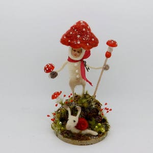 Secret Garden Toadstool Mushroom Boy and Snail Vintage Mercury Glass wool needle felted 7-1/4 tall German inspired #1
