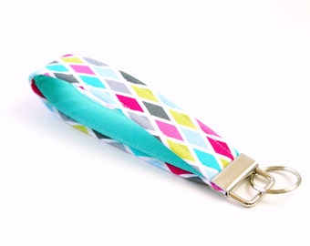 Multicolor Geometric Fabric Key Fob - 5 Inch Key Ring - Fabric Keychain - Cute Key Fob - Key Wristlet - Loop Key Fob - Coworker Gift