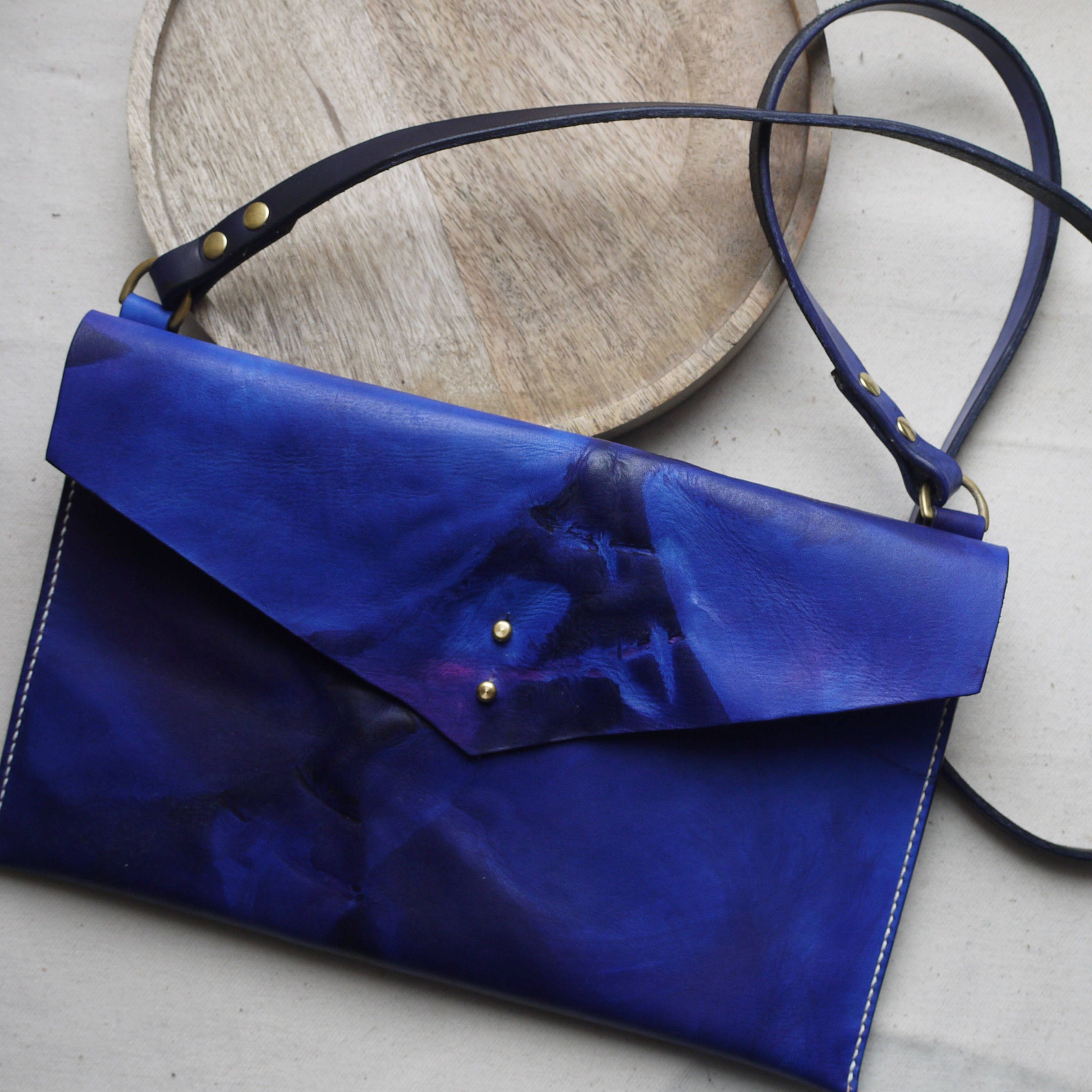 Tie dye blue leather cross body bag. Leather bag. blue bag.