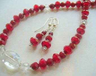 Red Beaded Necklace and Earring Set, Red Glass Bead Necklace, Choker Necklace, Silver Necklace, Beaded Necklace, Gift for Her, Jewelry Set