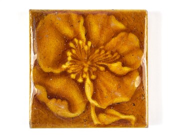Antique William Godwin Arts and Crafts poppy majolica tile 1890.