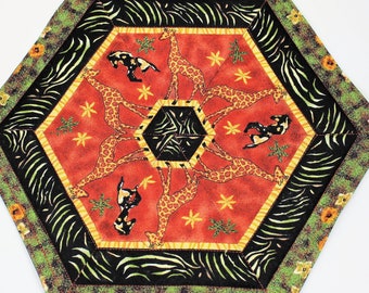 Giraffes Candle Mats, SET of TWO, Brown and Green Hexagon African Safari Quilted Mug Rugs, Quiltsy Handmade Patchwork Quilt
