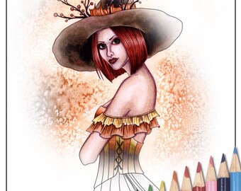 Digital Stamp - Printable Coloring Page - Fantasy Art - Witch Stamp - Willow - by Nikki Burnette - PERSONAL USE