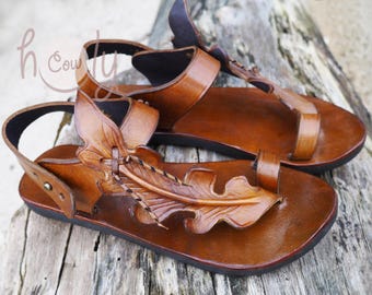 Handmade Brown Leather Leaf Sandals, Womens Sandals, Leather Sandals Women, Hippie Sandals, Cowgirl Sandals, Leaf Sandals, Boho Sandals