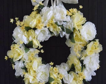 White and Yellow Spring Peony Wreath - 24" Diameter