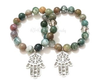 Hamsa Hand Beaded Bracelet, Gemstone, Semi Precious Beads, Zen, Protection, Stretchy, Spiritual, Handmade Custom Beaded Jewelry