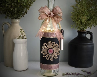 Wine Bottle Light/Battery Operated/Pink and Gold/Chalk Board/Country Chic Decor/French Farmhouse Decor/Wine Lover Gift/Mother's Day Gift