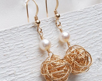 14ct Gold Filled Bird's Nest And Pearl Earrings
