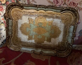 Vintage shabby chic Italian florentine wood toileware serving tray