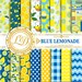 Blue Lemonade Paper Pack, Picnic Paper, chevron, polka dots, stripes, yellow, Lemon Scrapbook Paper and Backgrounds Commercial-Personal Use