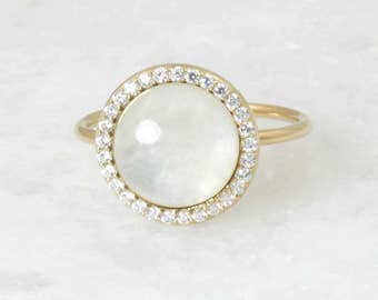 Rainbow Moonstone Halo Diamond Statement Ring, Handmade Yellow Gold 14 karat Ring, Bridal Engagement Ring Fine Jewelry, Wedding Gift Jewelry