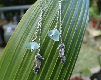 Seafoam sea glass with seahorse charm earrings