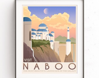 Naboo illustration. Star Wars planet. Retro travel poster. Phantom menace. Chewie wall art. Padme Amidala. Anakin Skywalker. Galactic Empire