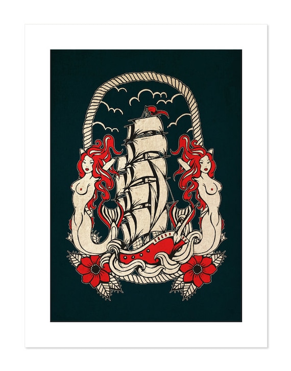 Mermaid's Ship Voyage Neo-Traditional Tattoo Flash