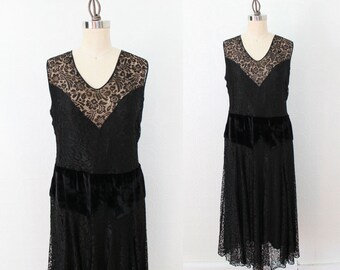 1920s Dress / Lace Illusion Dress / Velvet Dropped Waist