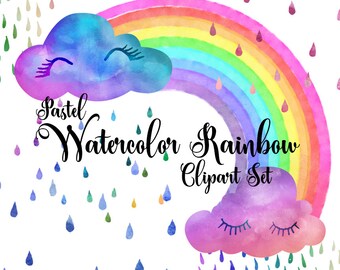 Pastel Watercolor Rainbow Clipart, whimsical digital instant download clouds, rain, raindrops, rainy day watercolour clip art commercial use