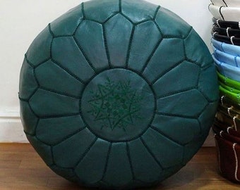 PREMIUM Genuine Leather Moroccan Pouf Pouffe - PEACOCK