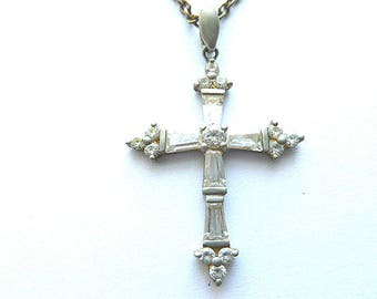 STERLING Silver DIAMOND Look Cross, 925 Hallmarked Cross & Silvertone Neck Chain, Sterling Crystal Cross Necklace, Designer Sterling Cross