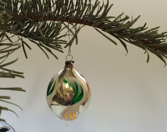 Czech Bohemian Christmas Glass Ornament Silver Drop