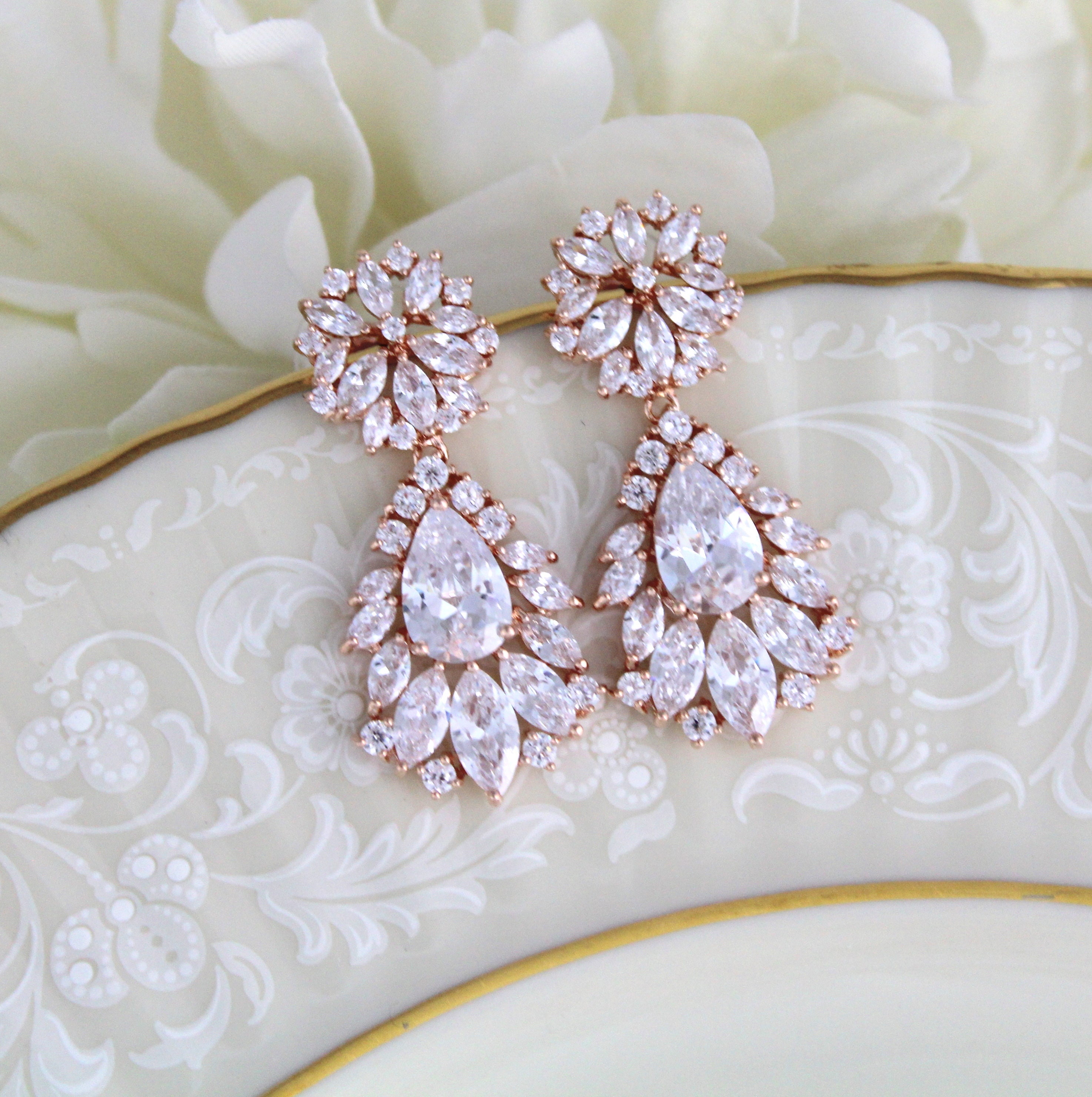 Rose Gold Bridal earrings Crystal Wedding earrings Bridal