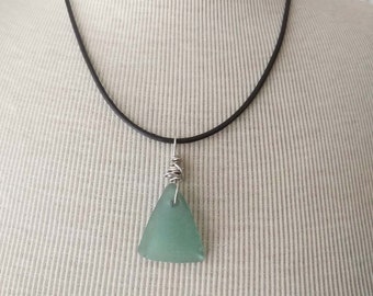 Green Sea Glass Necklace/Pendant/Aqua Seafoam/Sterling Wire/Leather/Jewelry/Urban Boho/Genuine Maine