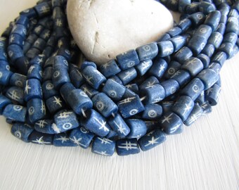 blue tube bone beads, with carved designs, natural Irregular look, boho exotic supplies 8 to 11mm long (16 beads) 6db14-10