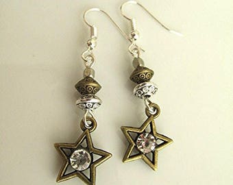 Earrings star earrings rhinestone earrings dangle earrings goth earrings witchy earrings bronze tone earrings gift for her.