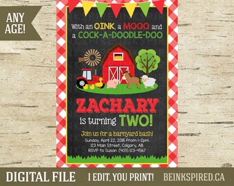 Farm Animal Birthday Party Invitation Invite, Barynard Invitation, Tractor Birthday Party Invitation Invite, Photo Invite, ZAC, DIGITAL FILE