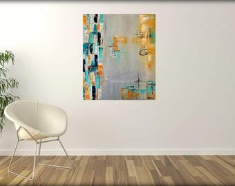 Mid-century modern art original painting googie mcm midmod orange retro