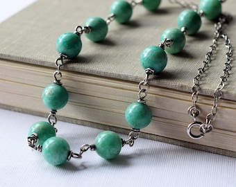 Amazonite Necklace, Turquoise Blue Stone Bead Necklace, Oxidized Sterling Silver Wire Wrapped Necklace, Bright Turquoise Blue Necklace