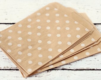 10 Flat Kraft Polka Dot Merchandise Bags. Paper Bags. White Washed Gift Bags. Supplies. 4x5-3/8 Bags
