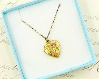 Vintage HEART LOCKET NECKLACE 12k Gold Filled Etched Heart Locket Pendant Necklace