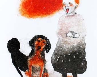 Watercolor painting of a girl with a dog. Dog portrait. Dog watercolor painting. Dog illustration. Redhead girl portrait. Animal watercolor