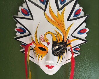 Mardi Gras Mask, hand painted Ceramic, Vintage, carnival, 7"