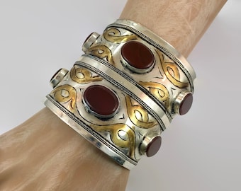 Carnelian Cuff, Boho Cuff, Kuchi, Vintage Bracelet, Gold Wash, Silver, Wide Bracelet, Big Statement, Turkmen, Gypsy Ethnic, Afghan, #2