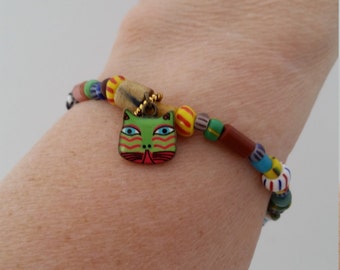 Cat Bracelet African Bead Bracelet Cat Charm Bracelet African Jewelry African Christmas Bead Jewelry African Trade Beads Cat Jewelry Stretch