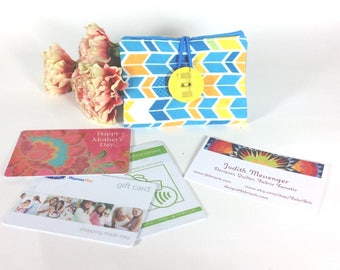 Chevron Business Card Pouch, Credit Card Wallet, Gift Card Holder, Loyalty Card Purse, Modern Turquoise and Orange Little Wallet